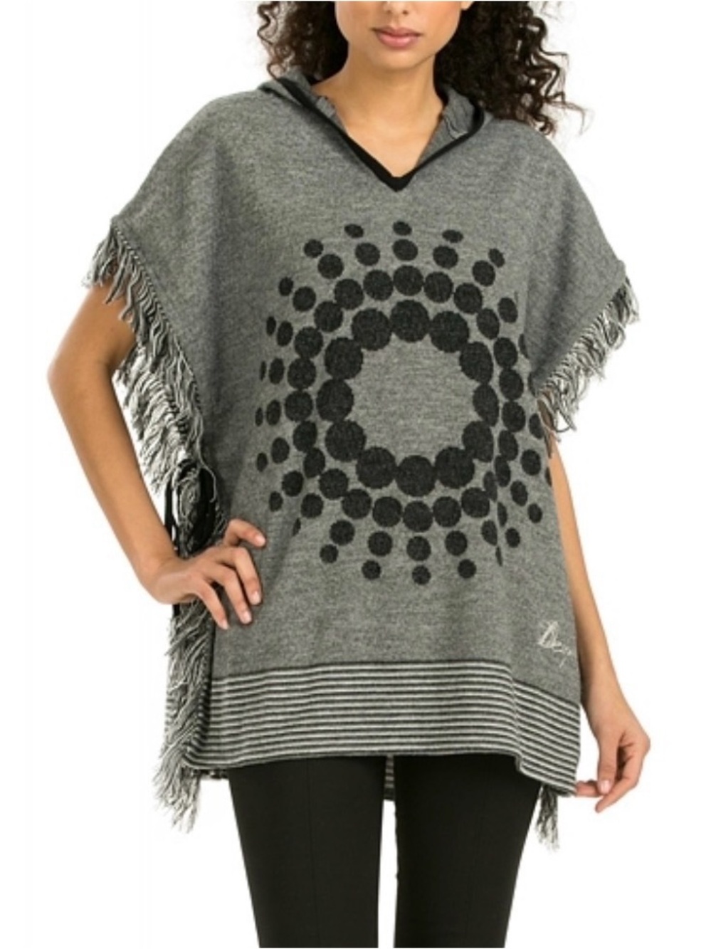 Desigual Hooded Fringed Knit Poncho Grey Black Side Ties 25” x 28”